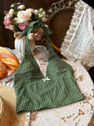 Plant Green Polka Dot Bowknot Deep V Neck Halter Tankini Top