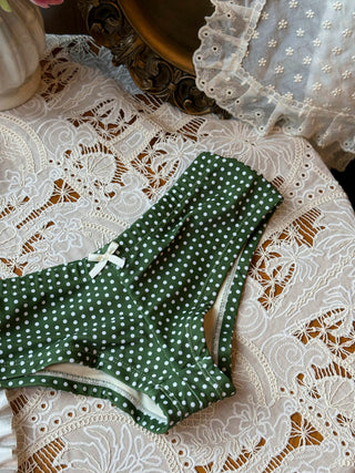 Plant Green Polka Dot Bowknot Deep V Neck Cheeky Boyshorts Tankini Set
