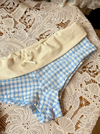 Light Blue Bubble Grid Textured Contrast Foldover Bikini Bottom Cheeky Swim Boyshorts