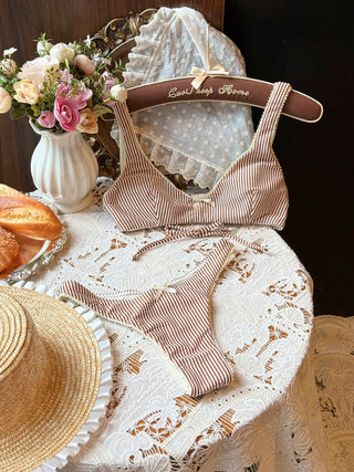 Coffee Striped Lace Bowknot Tank Style Cheeky Bikini Set
