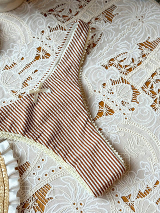 Coffee Striped Lace Bowknot Tank Style Cheeky Bikini Set