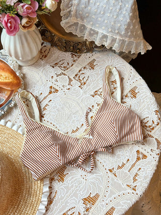 Coffee Striped Lace Bowknot Tank Style Cheeky Bikini Set