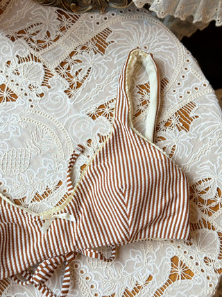 Coffee Striped Lace Bowknot Tank Bikini Top
