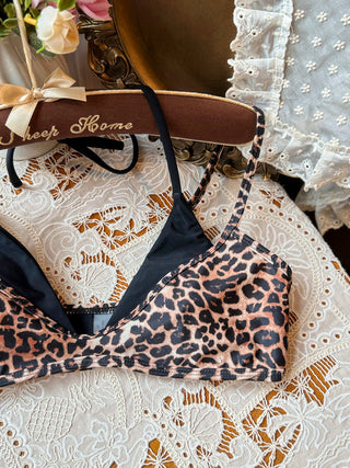 Coffee Leopard Print Contrast Color String Double Layer Bikini Set