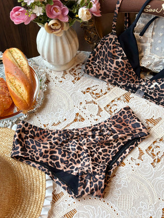Coffee Leopard Print Double Layer Top & Cheeky Boyshorts Bikini Set