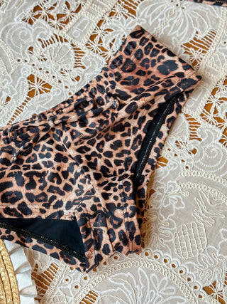 Coffee Leopard Print Double Layer Top & Cheeky Boyshorts Bikini Set