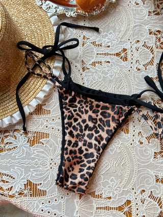 Coffee Leopard Print String Double Layer Bikini Bottom