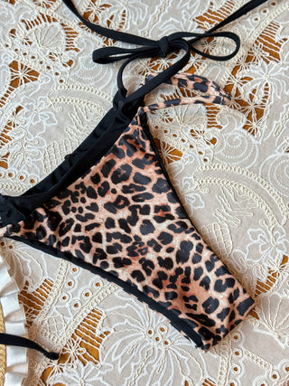Coffee Leopard Print Contrast Color String Double Layer Bikini Set