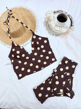 Coffee Striped Polka Dot Halter Tied Back Reversible Top & Cheeky Boyshorts Tankini Set