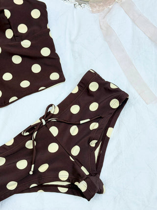 Coffee Striped Polka Dot Halter Tied Back Reversible Top & Cheeky Boyshorts Tankini Set