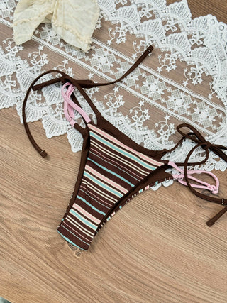 Deep Coffee Ribbed Knit Striped String Double Layer Bikini Bottom