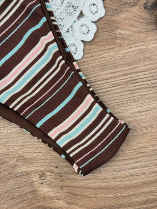 Deep Coffee Ribbed Knit Striped String Double Layer Bikini Bottom