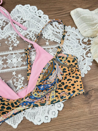 Brown Leopard Paisley Print Contrast Color Double Layer Bikini Top