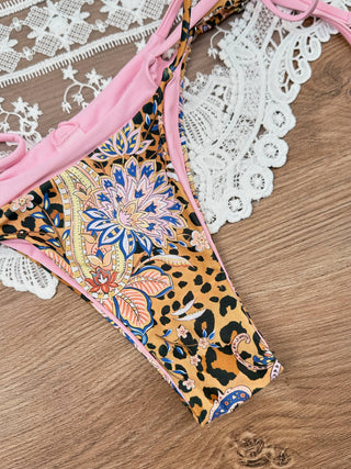 Brown Leopard Paisley Print String Double Layer Bikini Bottom