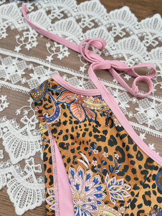 Brown Leopard Paisley Print Cutout Tie Side Bikini Bottom Cheeky Swim Boyshorts