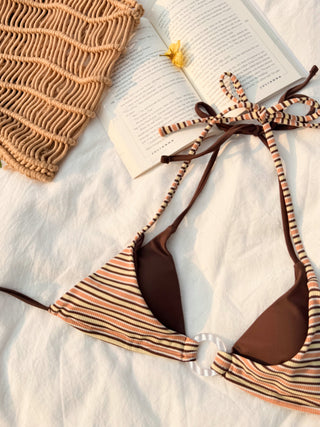 Yellow Contrast Color Ribbed Striped O Ring Double Layer Bikini Top