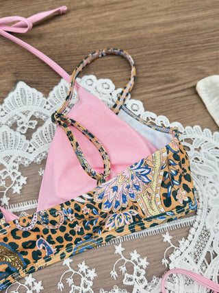 Brown Leopard Paisley Print Contrast Color Double Layer Bikini Top