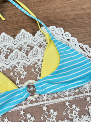Sky Blue Striped Contrast Color O Ring Double Layer Bikini Top