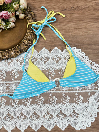 Sky Blue Striped Contrast Color O Ring Double Layer Bikini Top