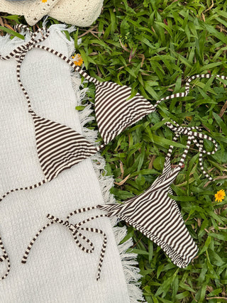 Brown Knit Striped Halter Triangle String Reversible Bikini Set