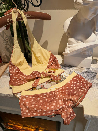 Brown Deer Print Bowknot Halter Tied Back Reversible Top & Cheeky Boyshorts Tankini Set
