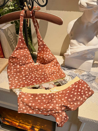 Brown Deer Print Bowknot Halter Tied Back Reversible Top & Cheeky Boyshorts Tankini Set