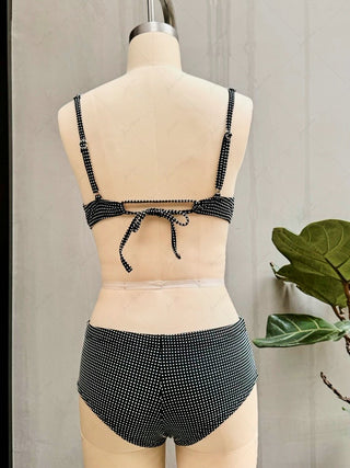 Black Pin Dot Jacquard Fabric Picot Underwire Cheeky Boyshorts Bikini Set