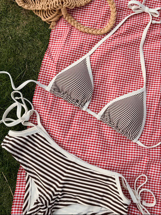 Brown Ribbed Knit Striped Contrast Binding Cheeky Boyshorts Bikini Set