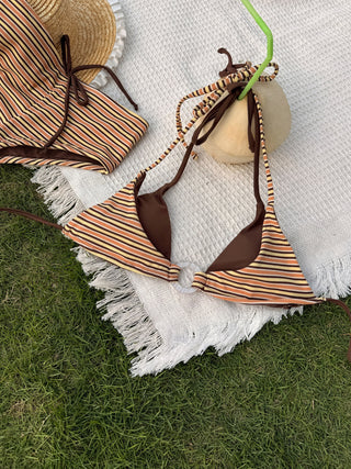 Yellow Contrast Color Ribbed Striped O Ring Double Layer Bikini Top