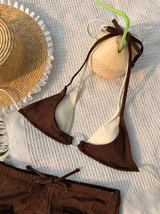 Deep Coffee Recycled Fabric Eyelet Jacquard O Ring Double Layer Top & Cheeky Boyshorts Bikini Set