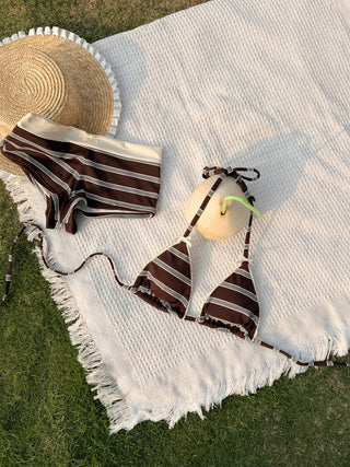 Deep Coffee Striped Lace Bowknot Triangle Top &  High-rise Boyshorts Bikini Set
