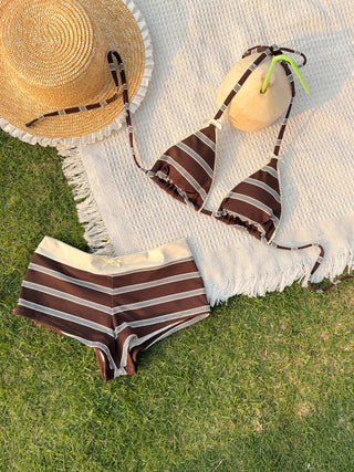 Deep Coffee Striped Lace Bowknot Triangle Top &  High-rise Boyshorts Bikini Set