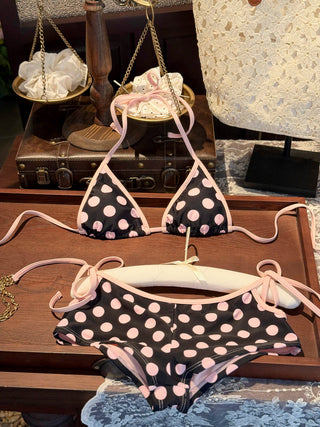 Pink Vintage Polka Dot Contrast Binding Cutout Tie Cheeky Boyshorts Bikini Set