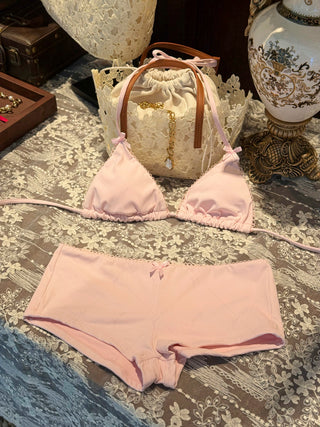 Pink Solid Color Picot Bowknot Halter Triangle Cheeky Boyshorts Bikini Set