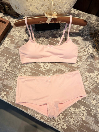 Pink Solid Color Picot Bowknot Bralette Cheeky Boyshorts Bikini Set