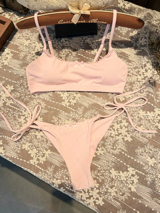 Pink Solid Color Picot Bowknot Bralette Top & Cheeky Brazilian Bottom Bikini Set