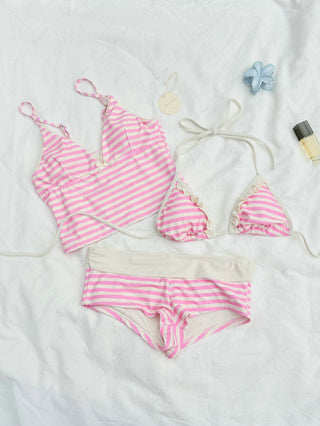 Light Pink Striped Ruffles Halter Triangle Bikini Top