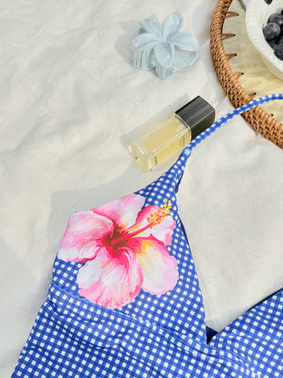 Deep Blue Plaid Floral Hibiscus Halter Bikini Tankini Top