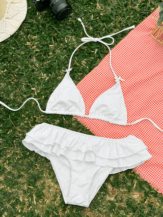 White Recycled Fabric Jacquard Layered Ruffles Triangle Skirtini Bikini Set