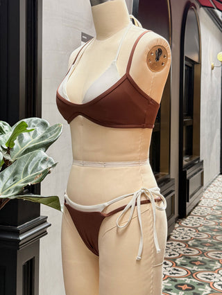 Brown Colorblock Two Tone Tie Side Double Layer Bikini Set