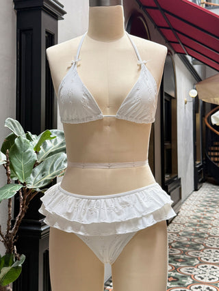 White Recycled Fabric Jacquard Layered Ruffles Triangle Skirtini Bikini Set