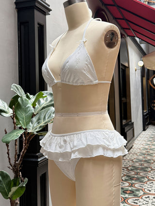 White Recycled Fabric Jacquard Layered Ruffles Triangle Skirtini Bikini Set