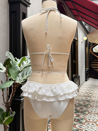 White Recycled Fabric Jacquard Layered Ruffles Triangle Skirtini Bikini Set