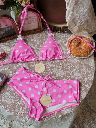 Hot Pink Polka Dot Lace Bowknot Halter Triangle Cheeky Boyshorts Bikini Set