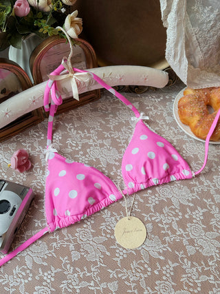 Hot Pink Polka Dot Lace Bowknot Halter Triangle Cheeky Boyshorts Bikini Set