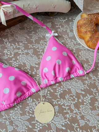Hot Pink Polka Dot Lace Bowknot Halter Triangle Cheeky Boyshorts Bikini Set