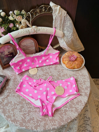 Hot Pink Polka Dot Lace Bowknot Bralette Cheeky Boyshorts Bikini Set