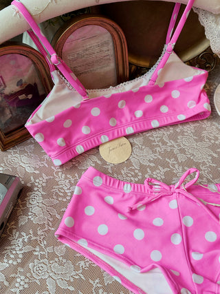 Hot Pink Polka Dot Lace Bowknot Bralette Cheeky Boyshorts Bikini Set