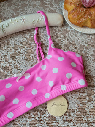 Hot Pink Polka Dot Lace Bowknot Bralette Cheeky Boyshorts Bikini Set