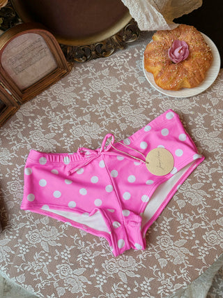 Hot Pink Polka Dot Lace Bowknot Halter Triangle Cheeky Boyshorts Bikini Set